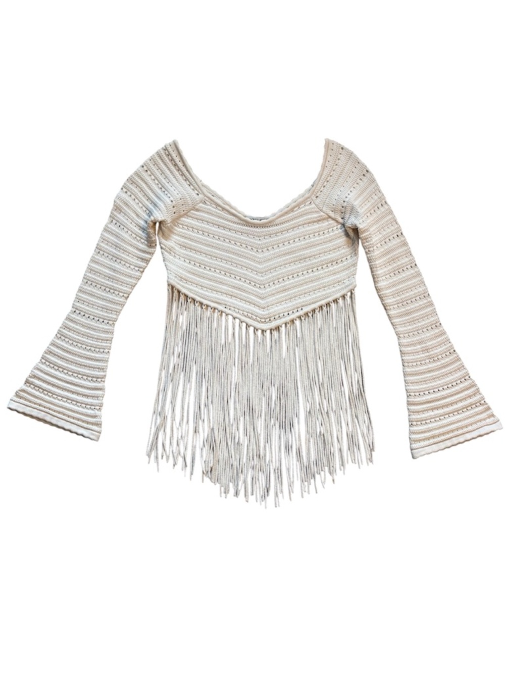 Ronny Kobo Cream Crochet Fringe Bell Sleeve Boho Festivel Crop Top Size Medium